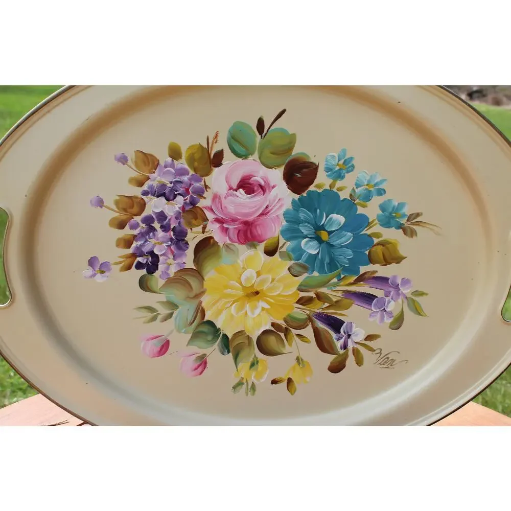 Nashco Tole Painted Metal Tray Vintage Hand Painted Floral Toleware Beige